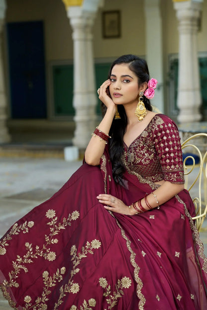 Dark Maroon Embroidered Lehenga Choli