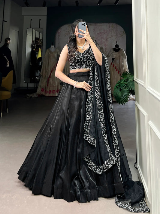 Black Satin Pearl Coding & Sequence Embroidery Lehenga Choli