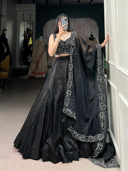 Black Satin Pearl Coding & Sequence Embroidery Lehenga Choli