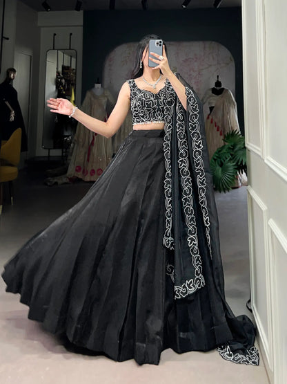 Black Satin Pearl Coding & Sequence Embroidery Lehenga Choli