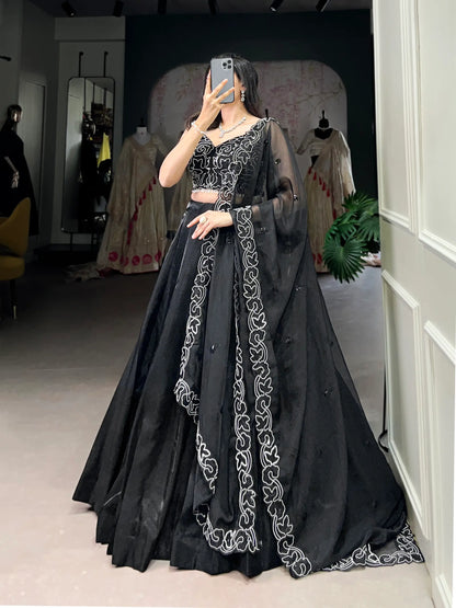 Black Satin Pearl Coding & Sequence Embroidery Lehenga Choli