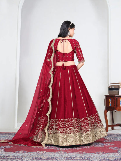Rose Red Art Silk Embroidery Lehenga Choli