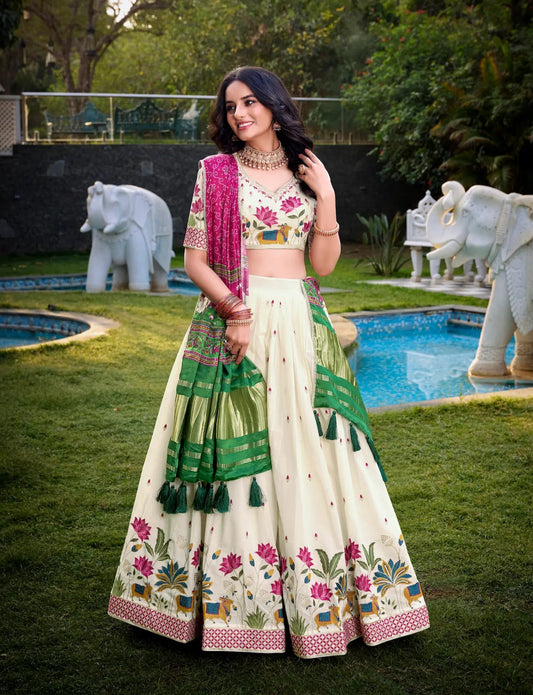 Off White Khadi Cotton Lehenga Choli With Hot Pink Gaji Silk Dupatta