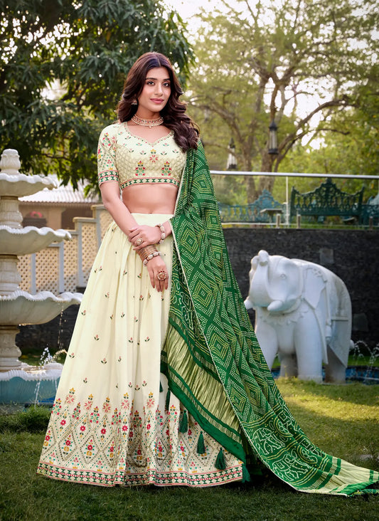 Off White Khadi Cotton Lehenga Choli With Green Gaji Silk Dupatta