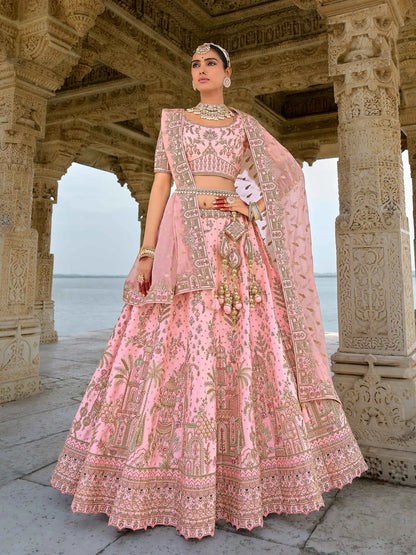 Tea Rose Designer Bridal Lehenga With Heavy Embroidery & 2 Dupatta