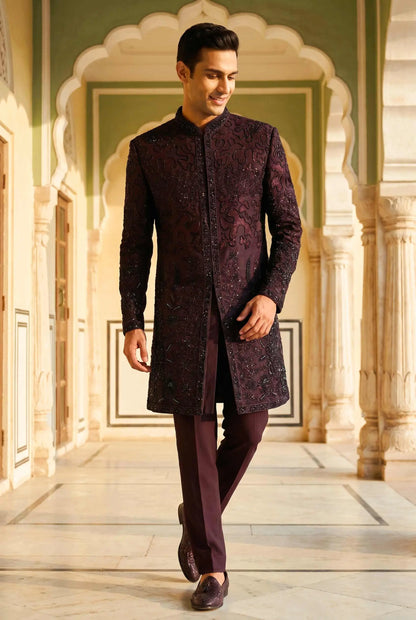 Maroon Beads Work 3 PCS Set For Groom