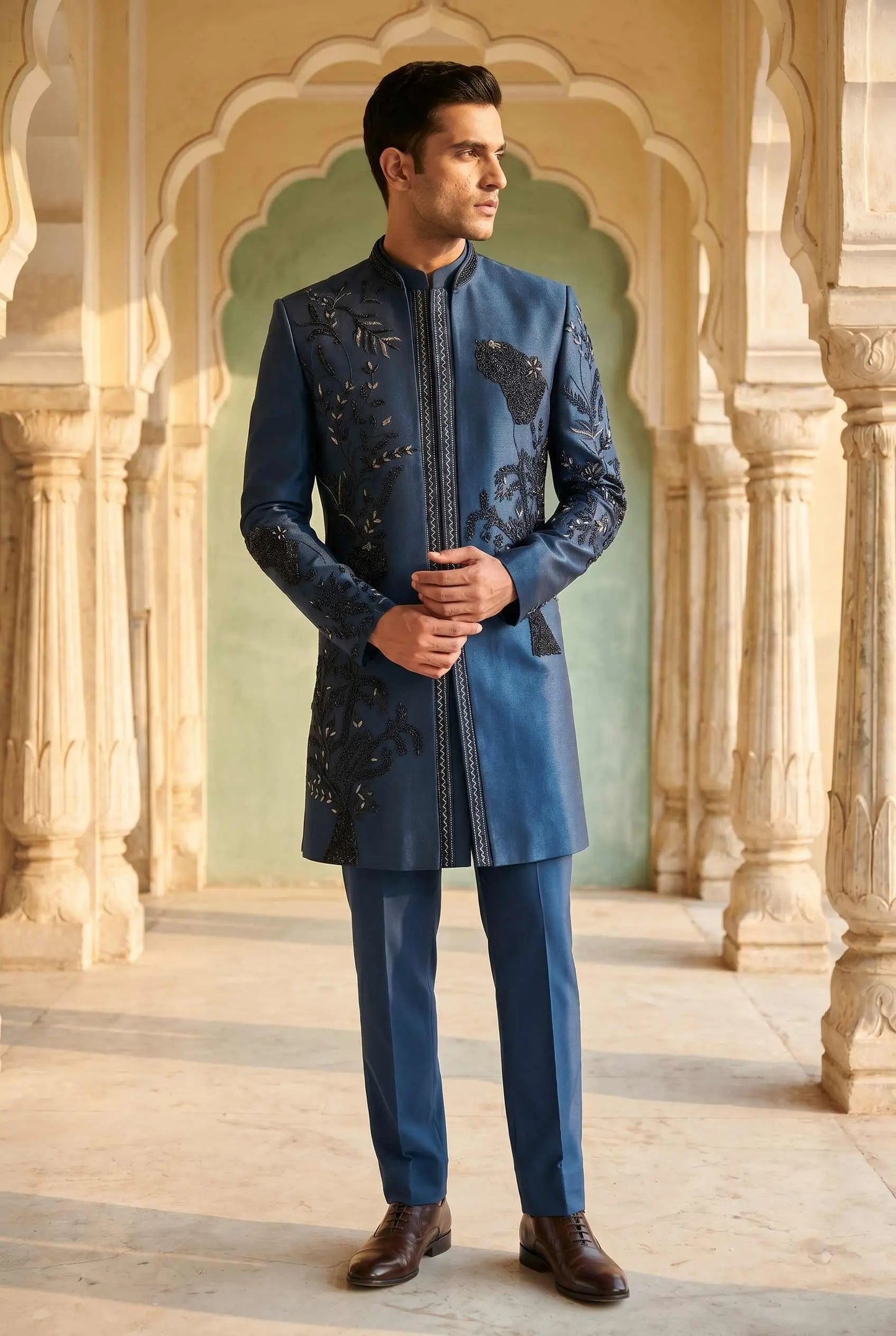 Rama Blue Embroidery Bead Work Wedding 3 PCS Set