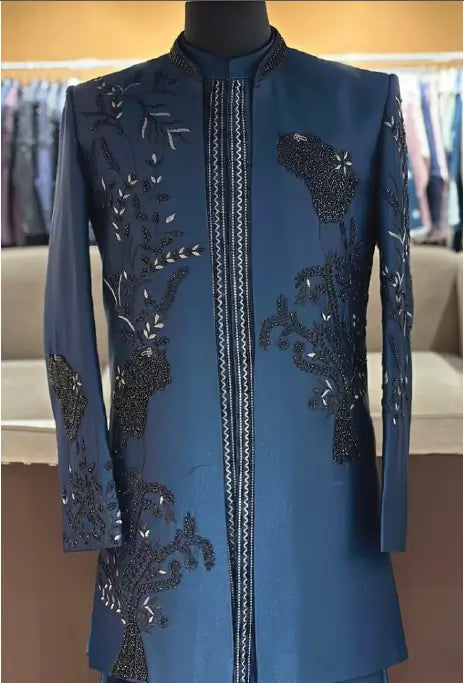 Rama Blue Embroidery Bead Work Wedding 3 PCS Set
