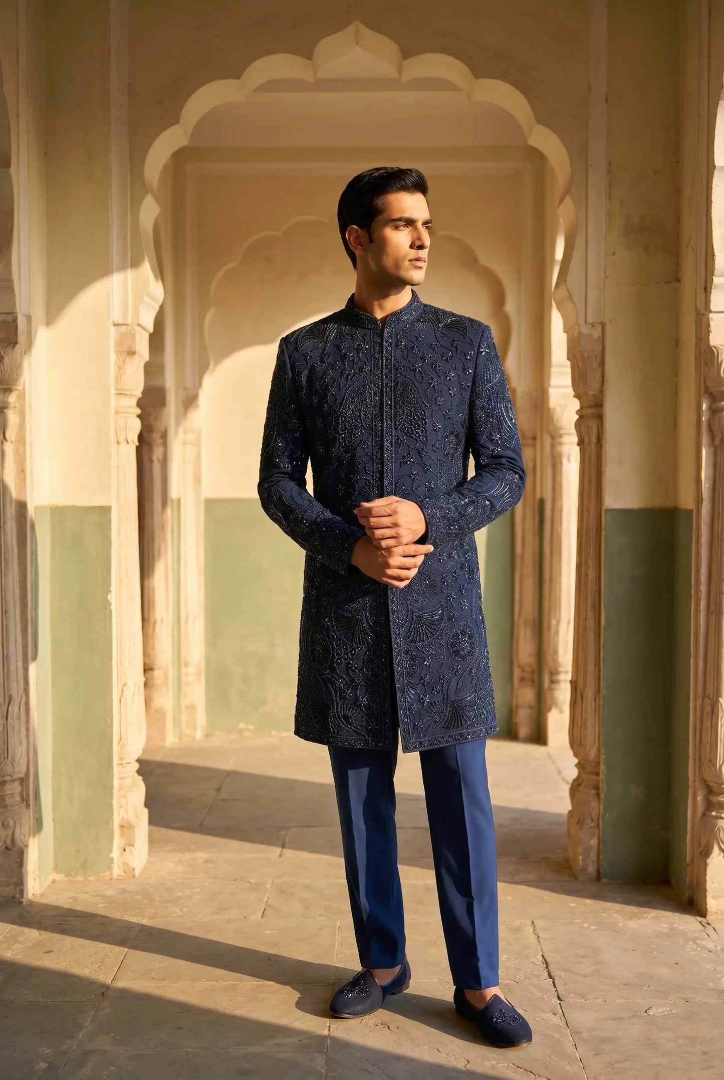 Navy Blue Groom Wear Bead Work 3 PCS Set