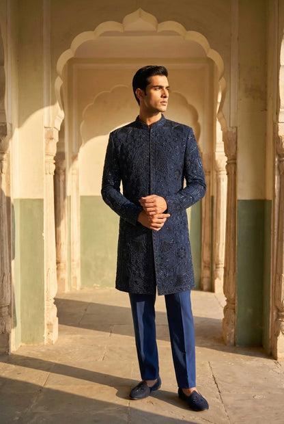 Navy Blue Groom Wear Bead Work 3 PCS Set