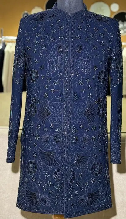 Navy Blue Groom Wear Bead Work 3 PCS Set