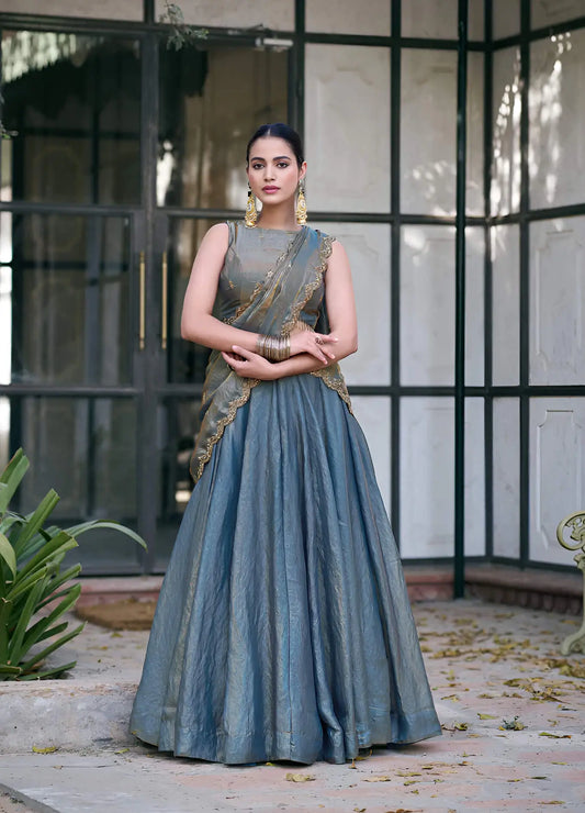 Greyish Teal Fendi Embroidery Lehenga Choli