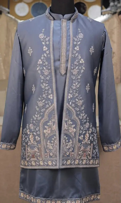 Grey Men's Embroidery Work 3 PCS Set
