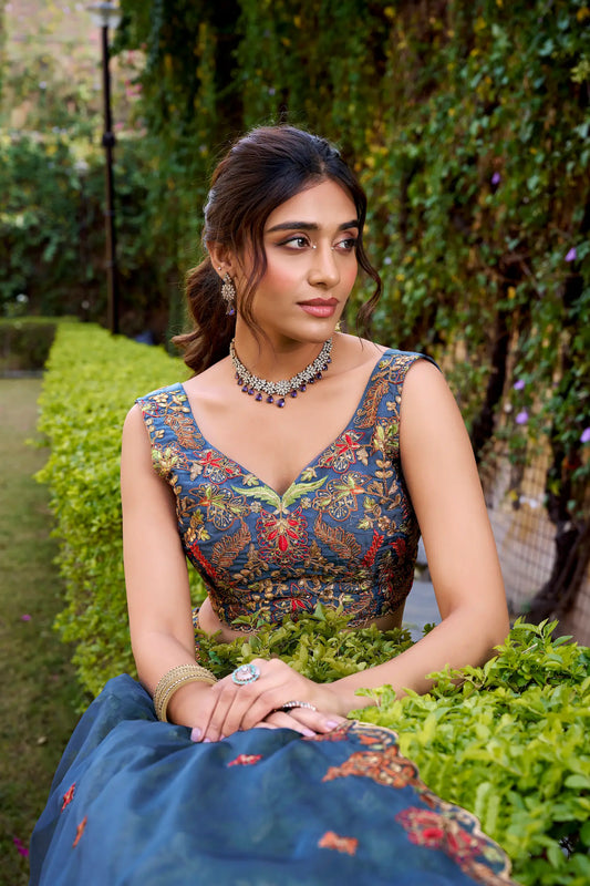 Teal Blue Chanda Silk Embroidery Lehenga Choli