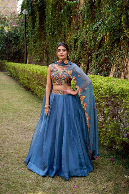 Teal Blue Chanda Silk Embroidery Lehenga Choli
