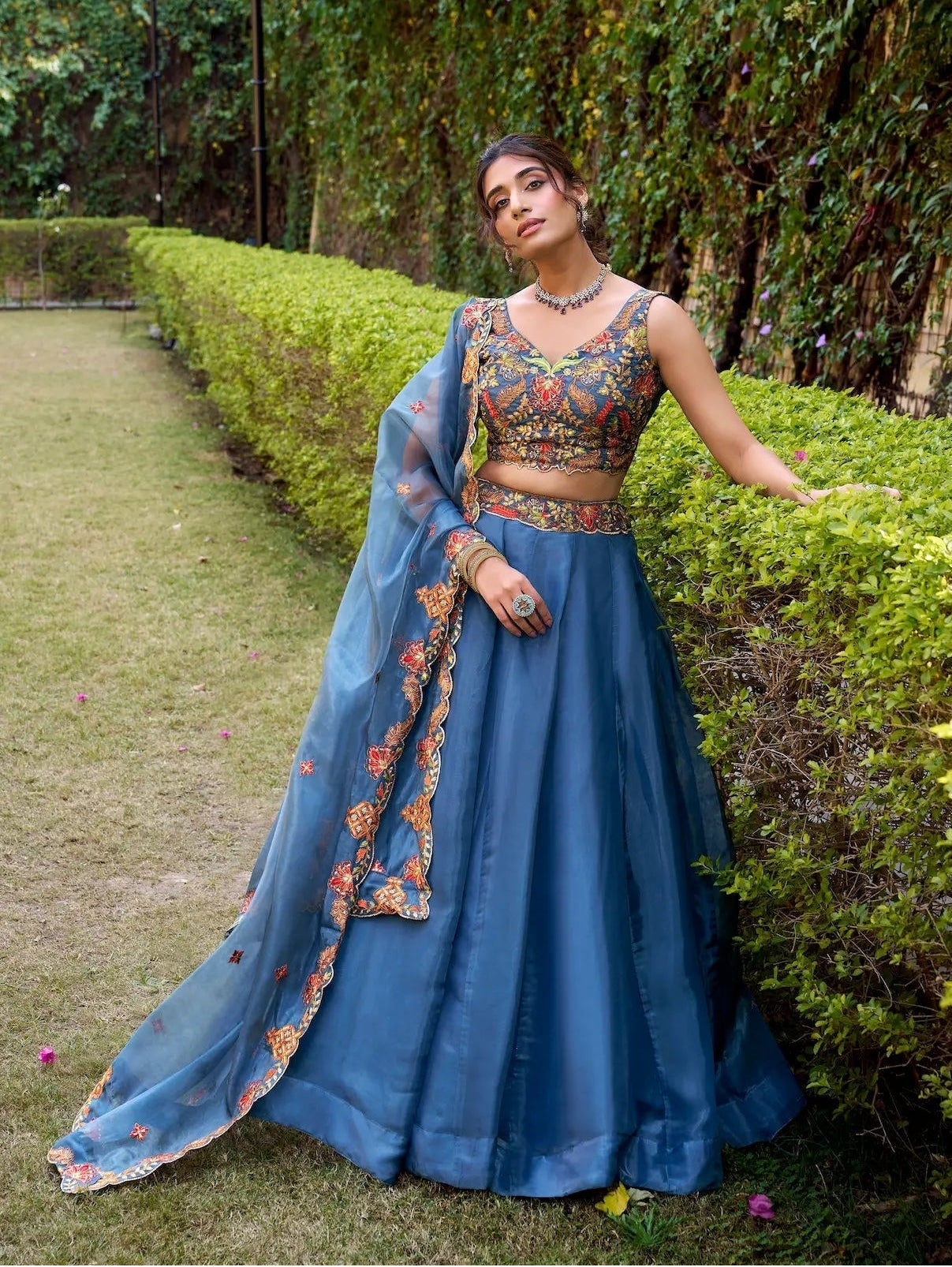 Teal Blue Chanda Silk Embroidery Lehenga Choli