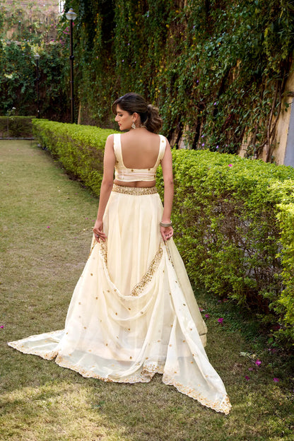 Ivory White Chanda Silk Embroidery Lehenga Choli
