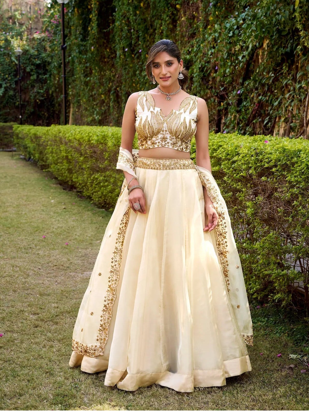Ivory White Chanda Silk Embroidery Lehenga Choli