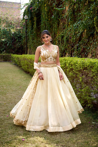 Ivory White Chanda Silk Embroidery Lehenga Choli