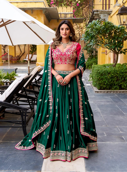 Timber Green Satin Silk Embroidered Lehenga choli