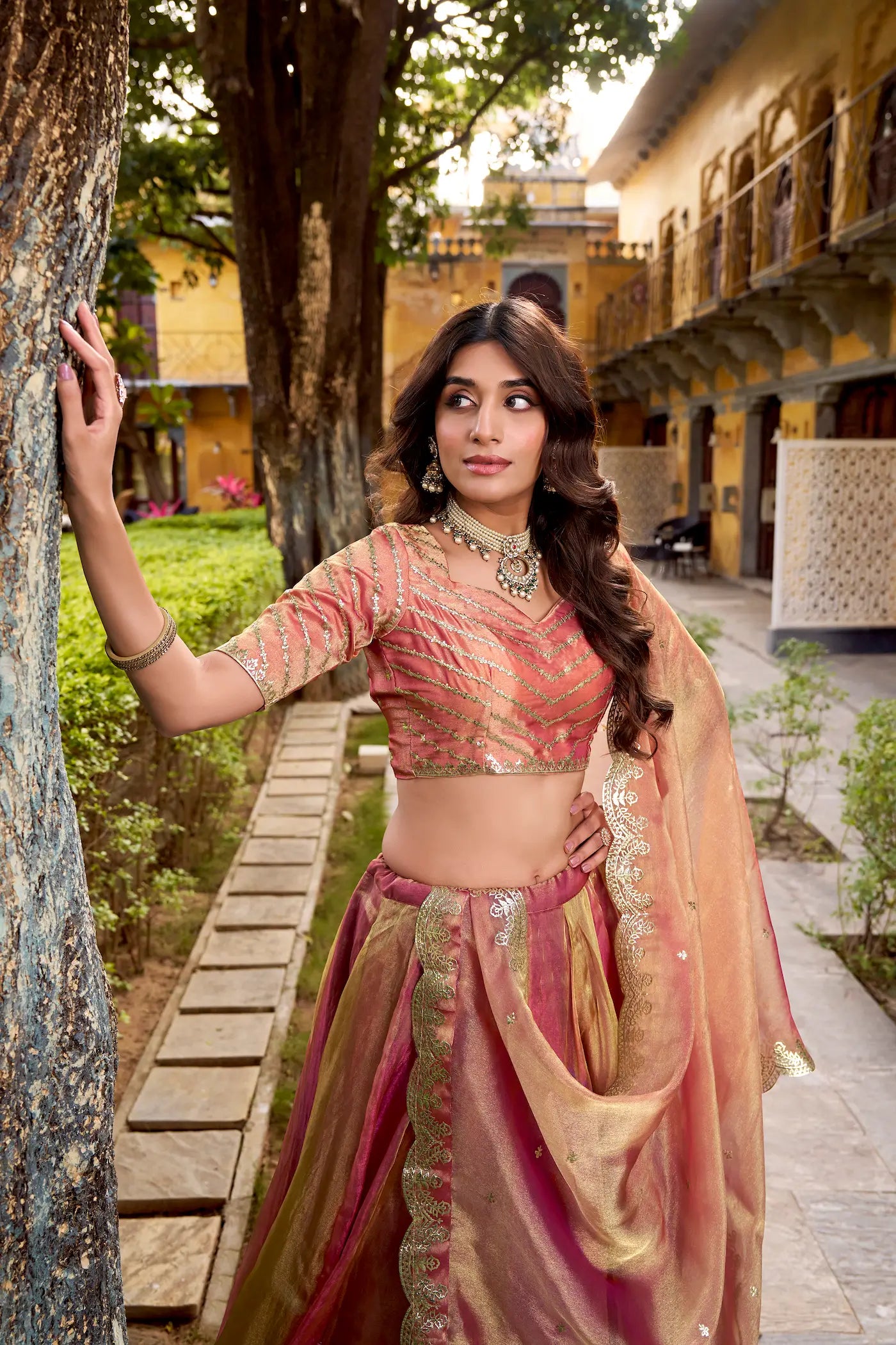 Gold-Pink Carika Silk Embroidery Lehenga Choli