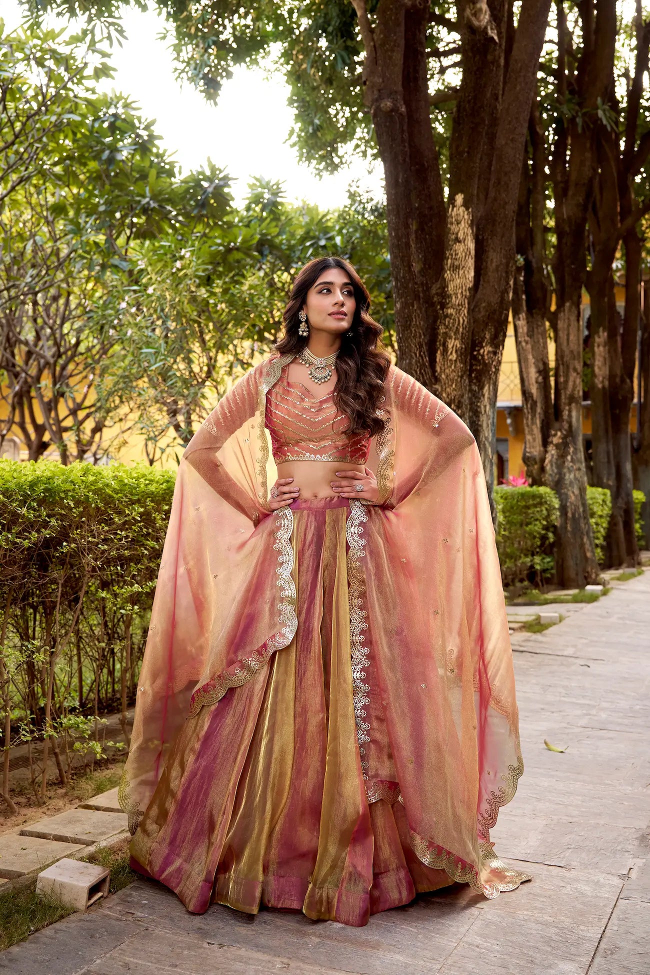 Gold-Pink Carika Silk Embroidery Lehenga Choli