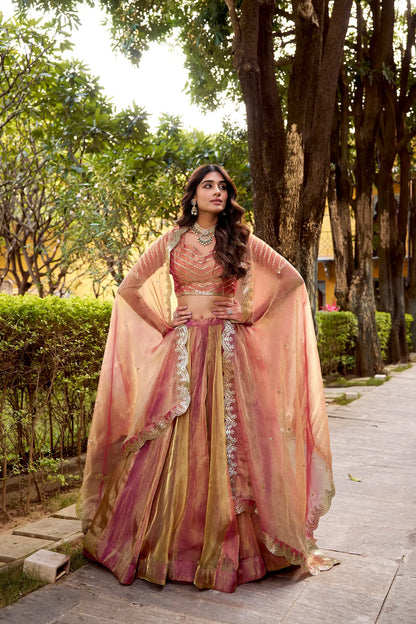 Gold-Pink Carika Silk Embroidery Lehenga Choli