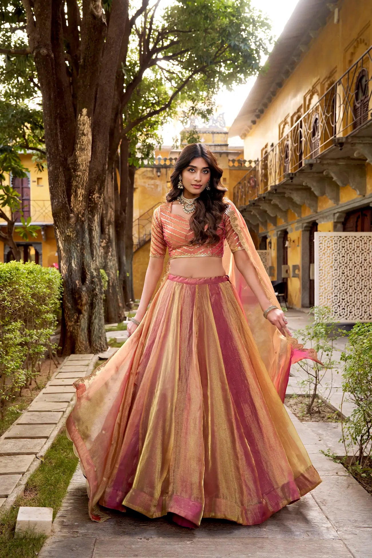 Gold-Pink Carika Silk Embroidery Lehenga Choli
