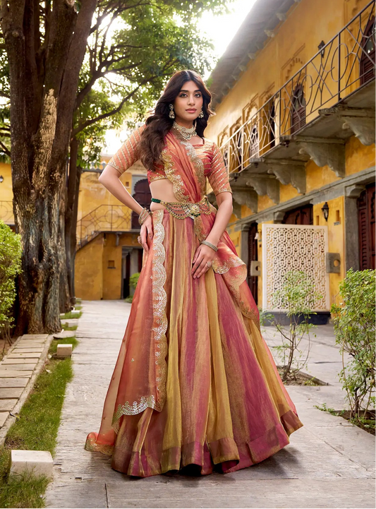 Gold-Pink Carika Silk Embroidery Lehenga Choli