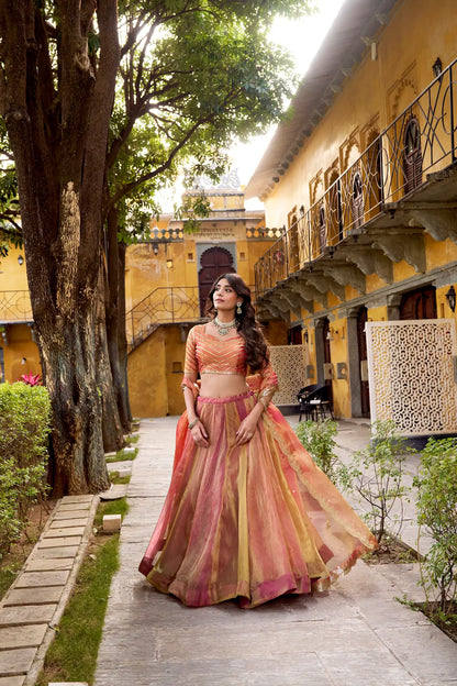Gold-Pink Carika Silk Embroidery Lehenga Choli