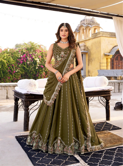 Dark Olive Chocolate Crush Embroidery Lehenga Choli