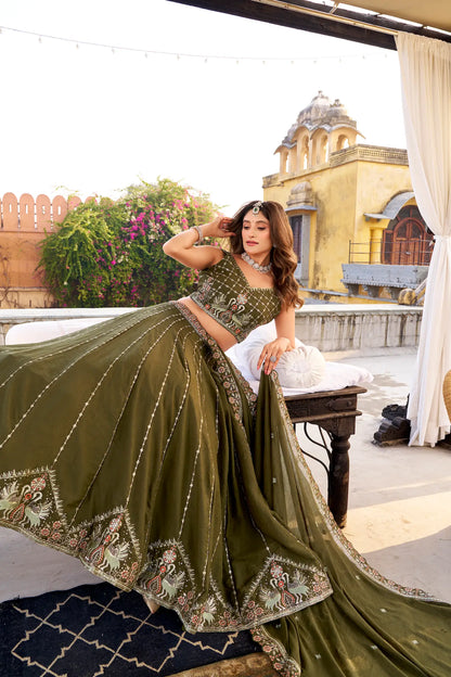 Dark Olive Chocolate Crush Embroidery Lehenga Choli