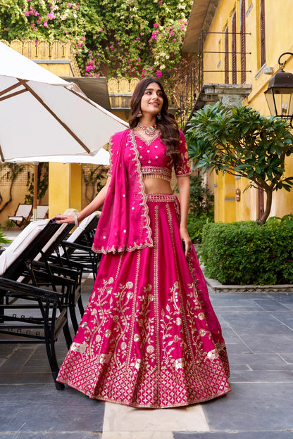 Rani Pink Silk Embroidered Lehenga Choli