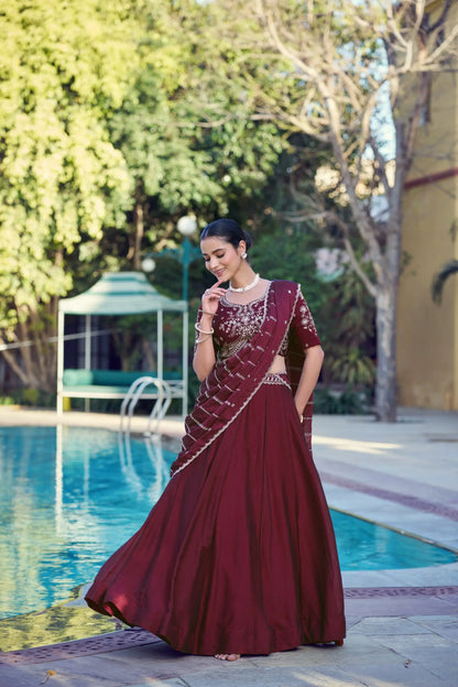 Glossy Maroon Crush Embroidered Lehenga