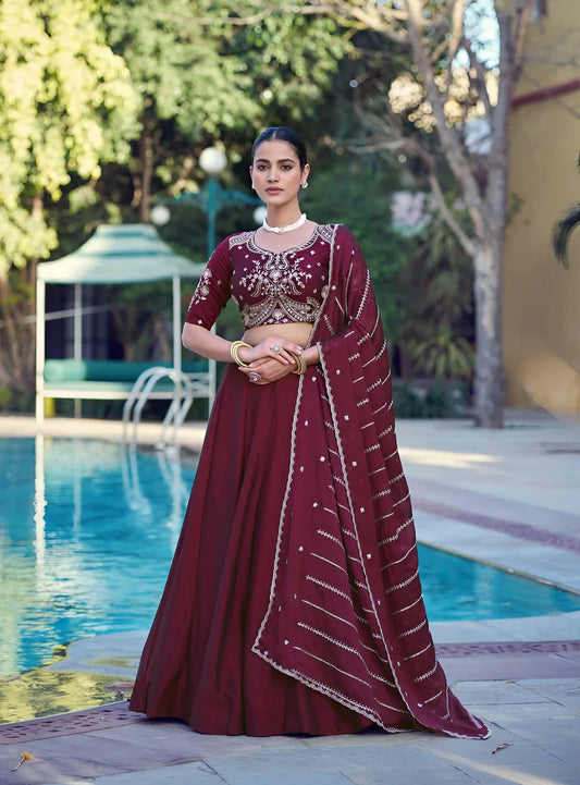 Glossy Maroon Crush Embroidered Lehenga