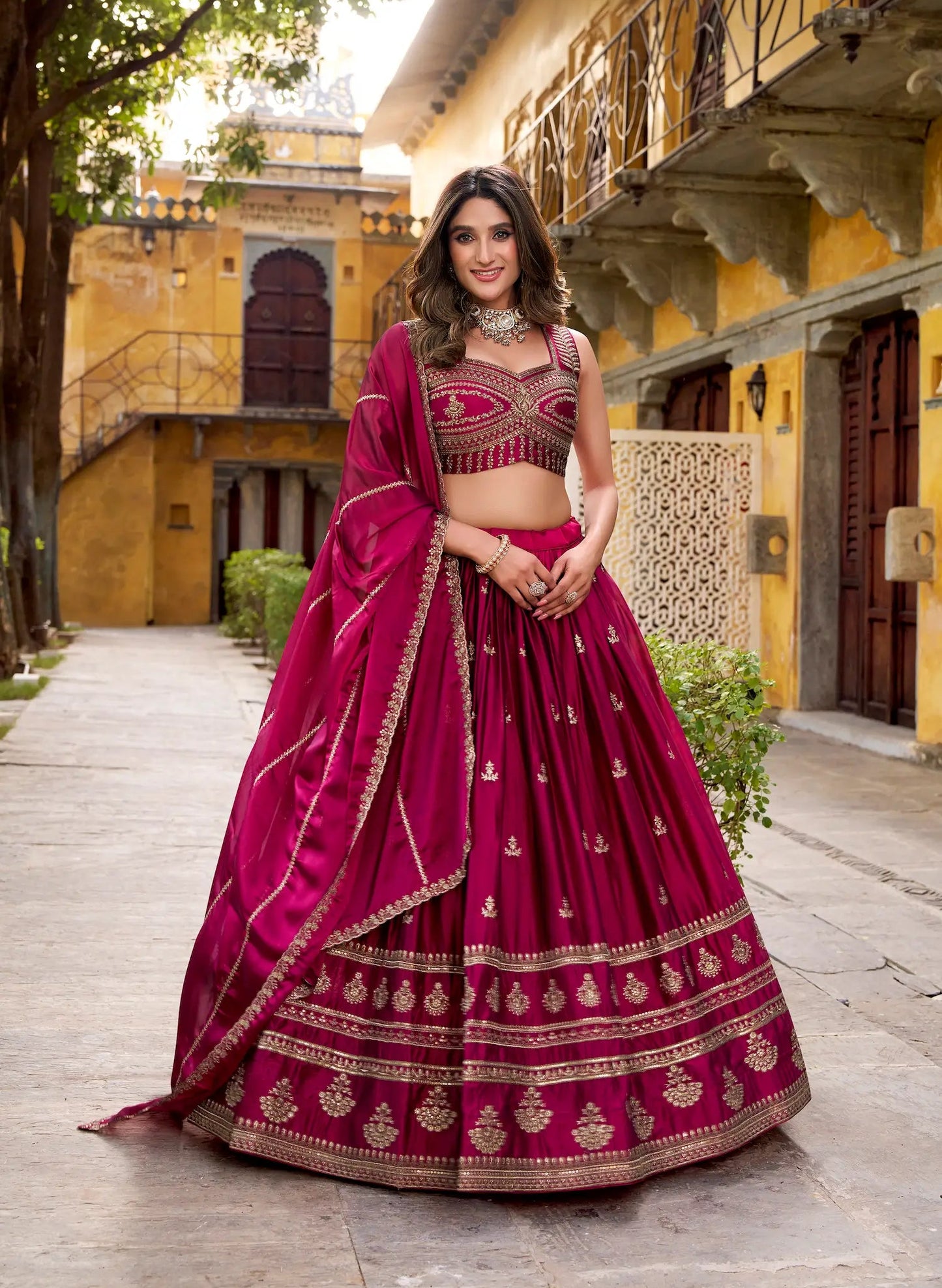Magenta Pink Rangoli Silk Embroidery Lehenga Choli