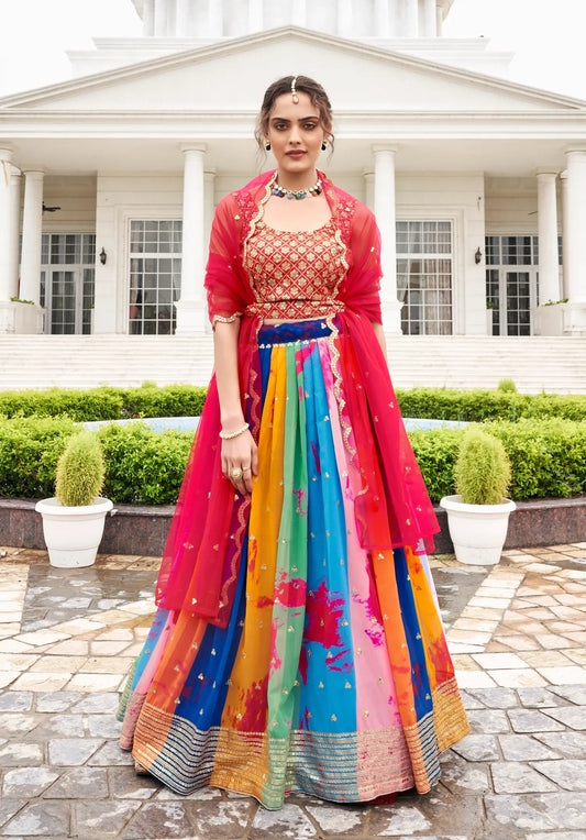 Red-Multicolor Georgette Lehenga Choli With Digital Print & Embroidery Work