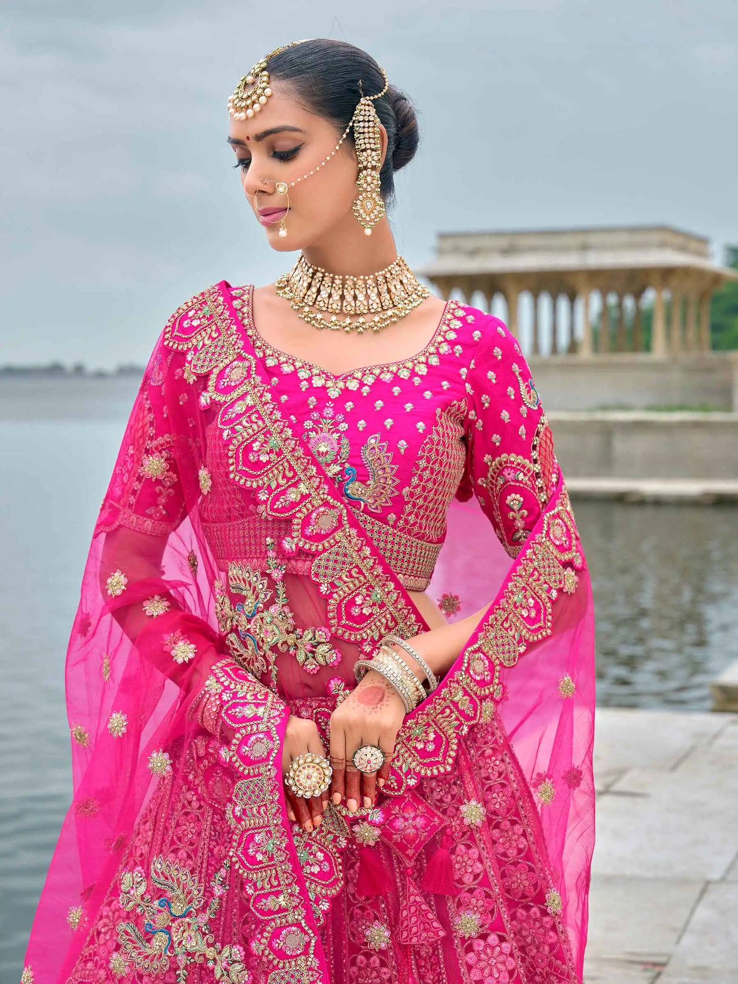 Pink Bridal Lehenga With Khatli, Heavy Embroidery & 2 Dupatta