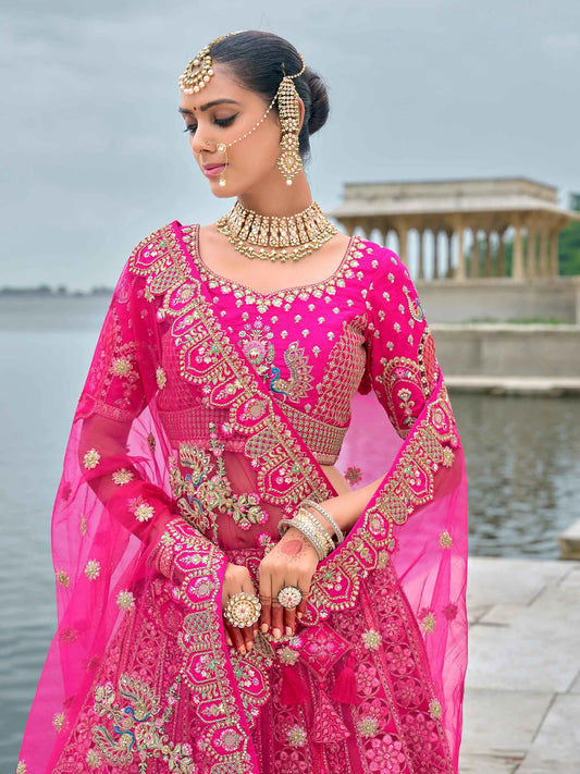 Pink Bridal Lehenga With Khatli, Heavy Embroidery & 2 Dupatta