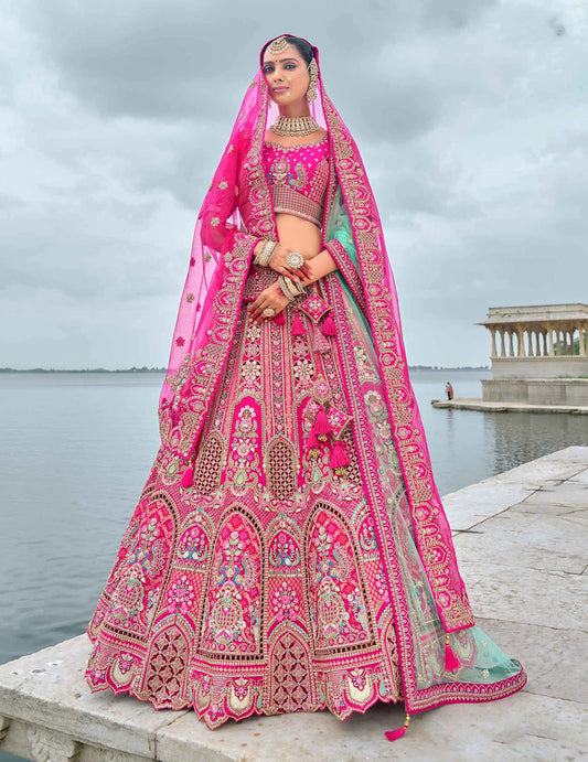 Pink Bridal Lehenga With Khatli, Heavy Embroidery & 2 Dupatta