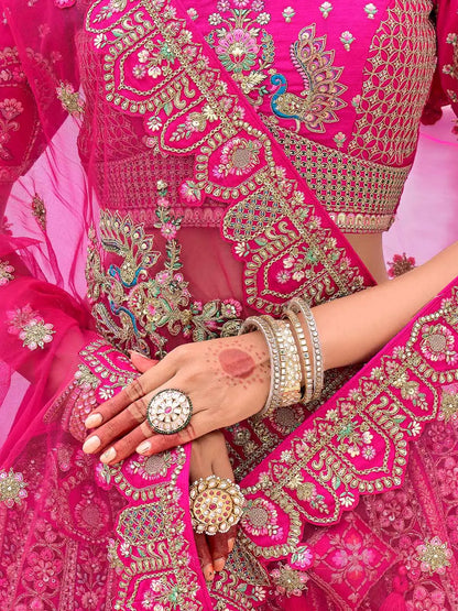 Pink Bridal Lehenga With Khatli, Heavy Embroidery & 2 Dupatta