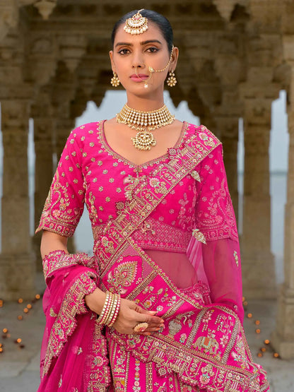Designer Pink Bridal Lehenga With Heavy Embroidery & 2 Dupatta