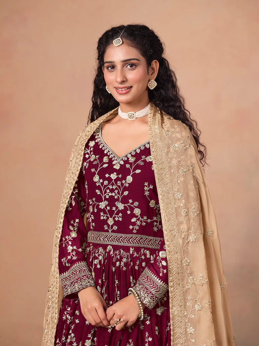 Maroon Georgette Embroidery Gown With Organza Dupatta