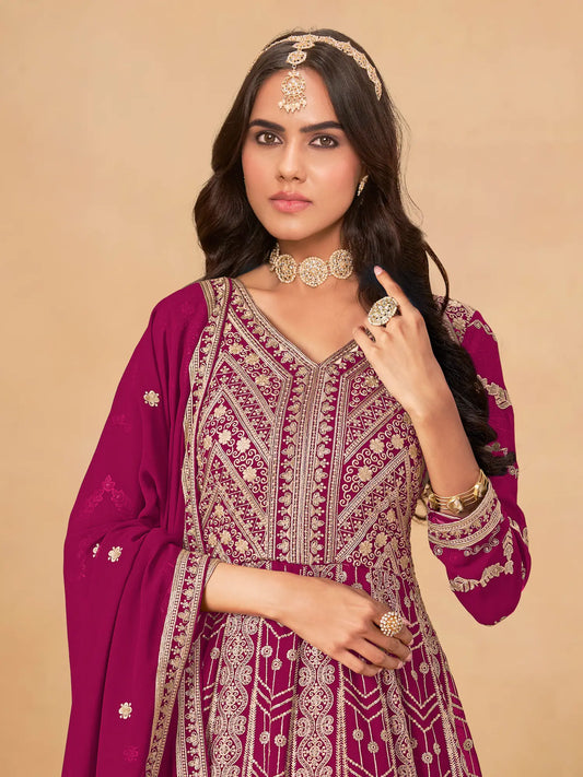 Dark Fuchsia Georgette Embroidery Work Gown