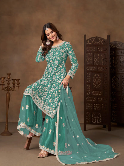 Dusty Teal Net Embroidery Palazzo Suit
