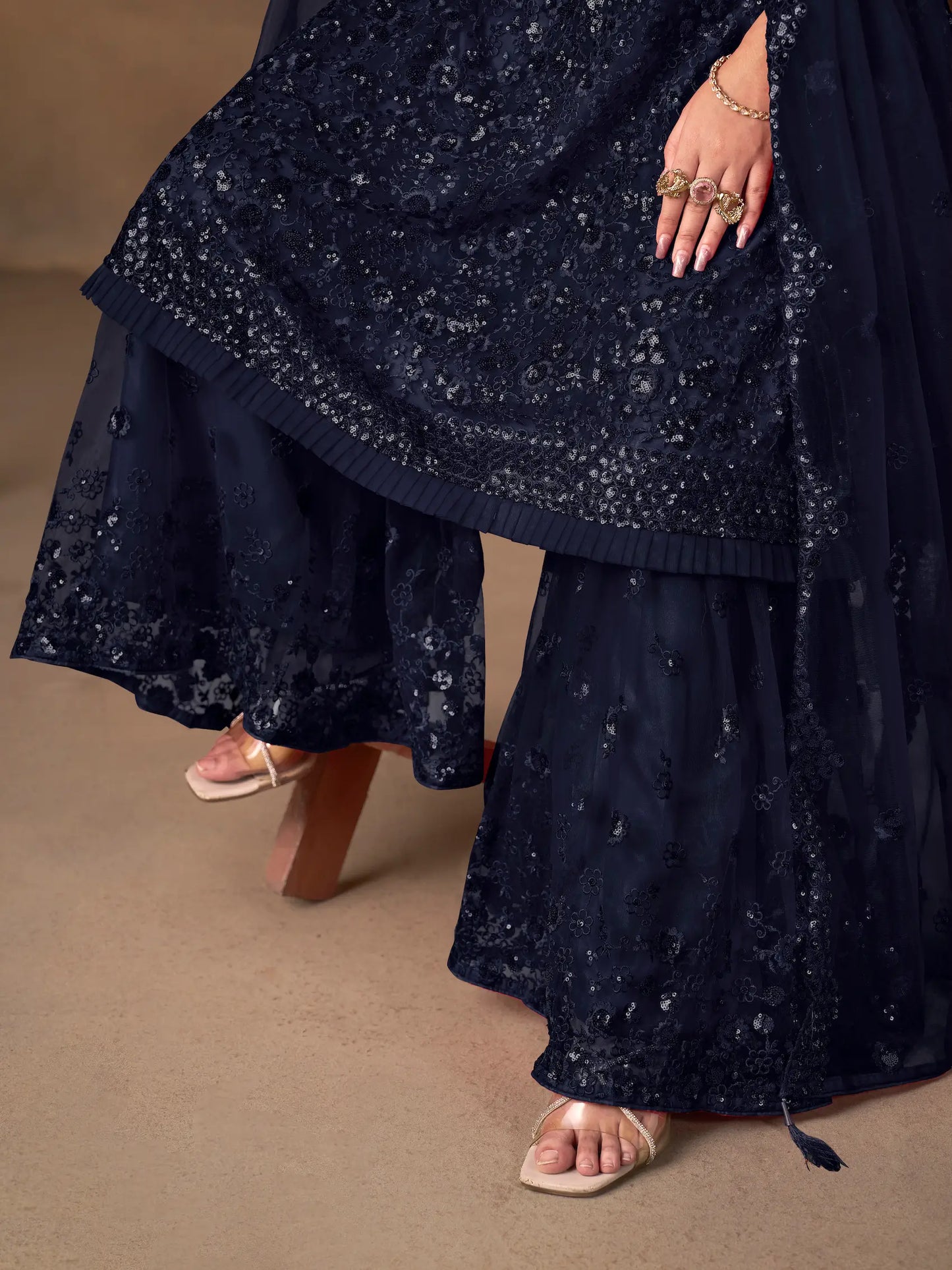 Navy Blue Net Embroidery Work Sharara Set