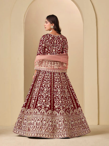 Maroon Velvet Heavy Embroidered Gown