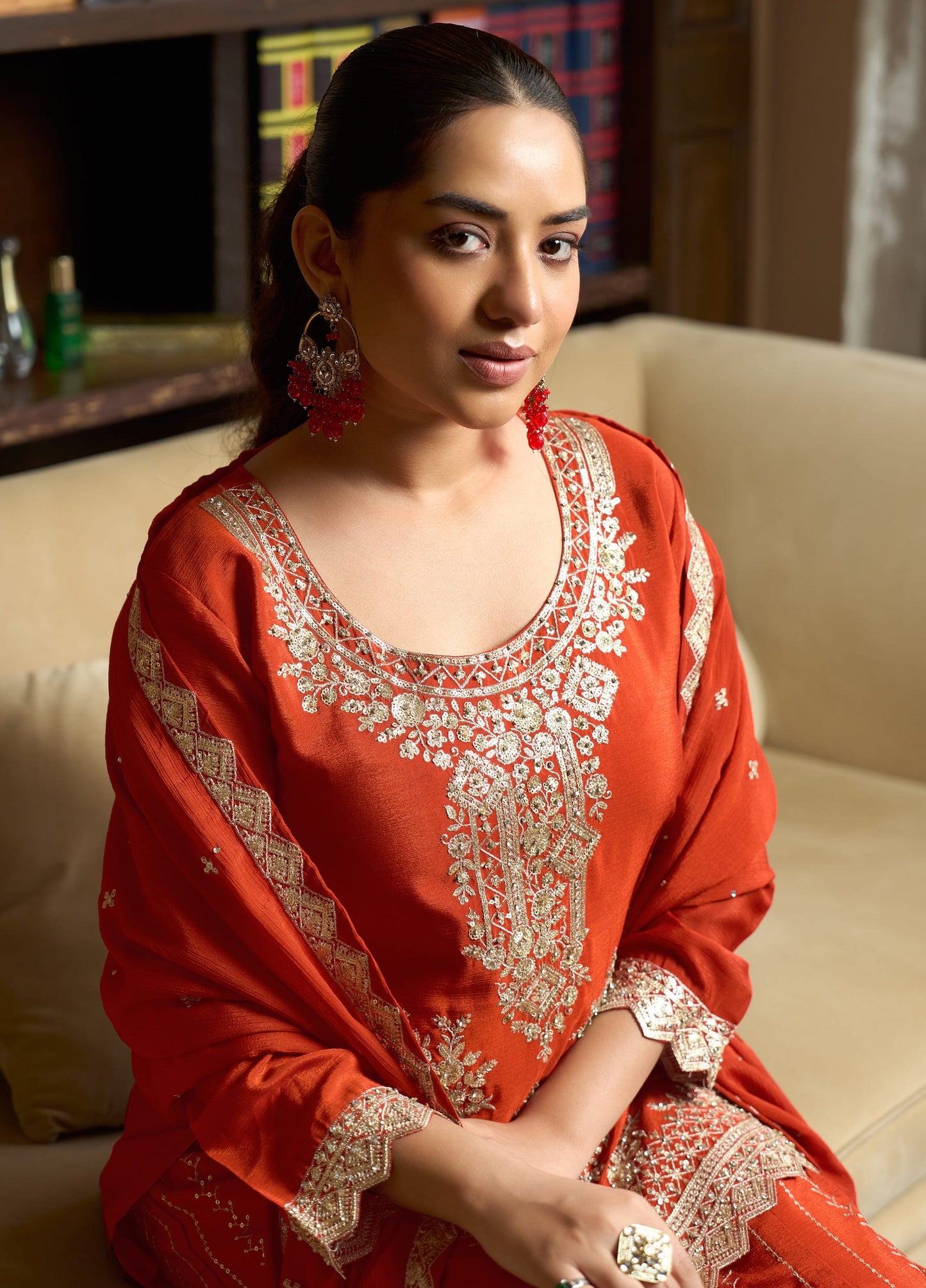 Deep Orange Chinon Embroidery Salwar Suit