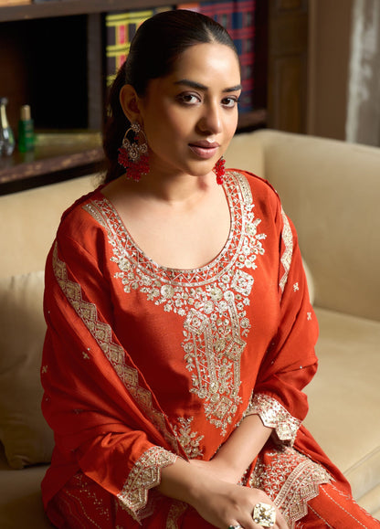 Deep Orange Chinon Embroidery Salwar Suit