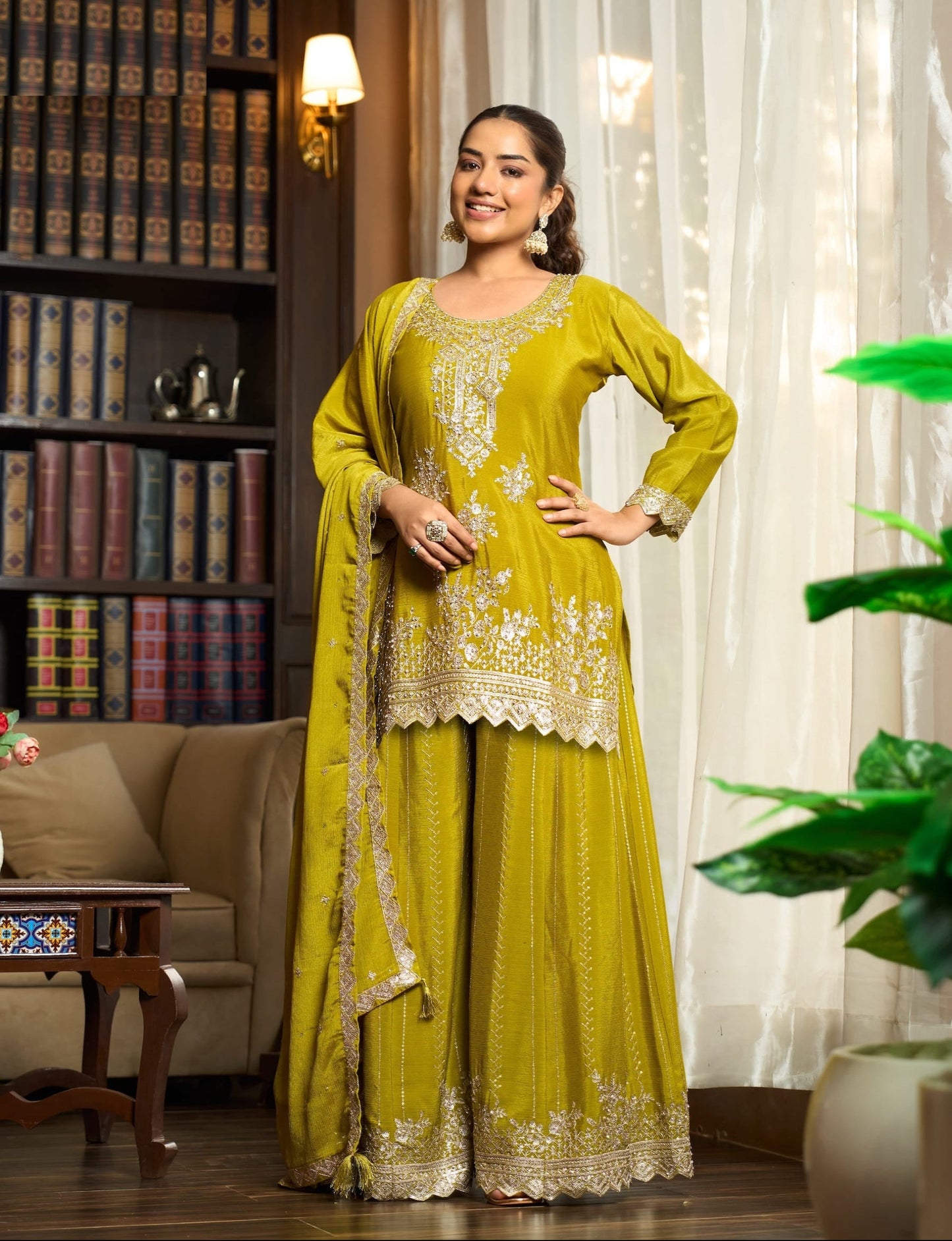 Lime Yellow Chinon Embroidery Salwar Suit